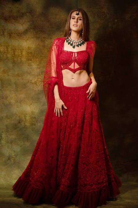Buy Red Net Embroidered Swarovski Sweetheart Elegant Lehenga Set For ...