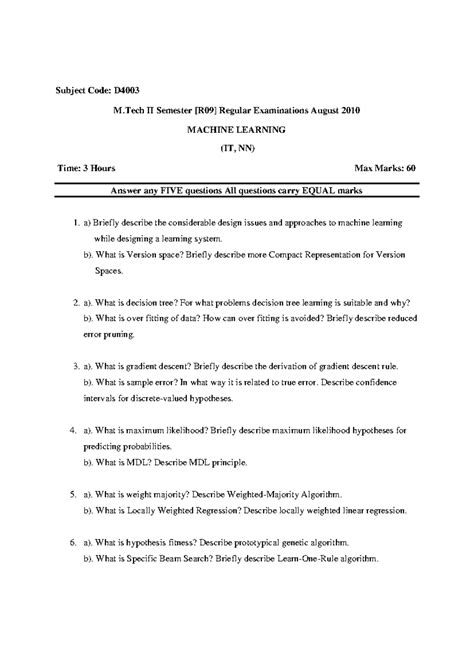 Machine learning - Subject Code: D M II Semester [R09] Regular ...