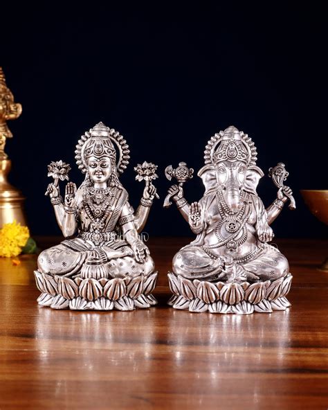 Buy Brass Superfine Ganesha Lakshmi Idols - 4.25" Height | Silver ...