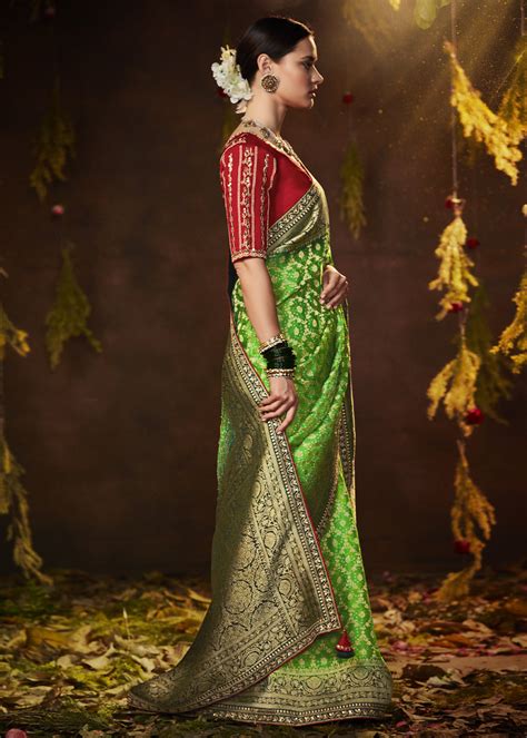 LIME GREEN WOVEN PURE GEORGETTE BANDHANI SAREE WITH BANARASI SILK BORD ...