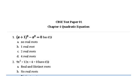 CBSE Test Paper 01: Quadratic Equations and Applications - Studocu