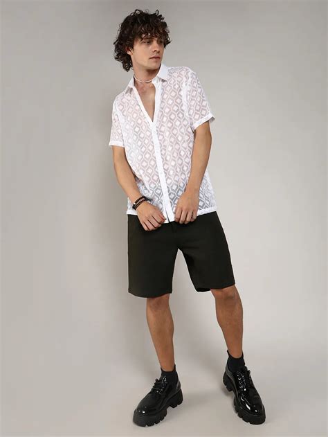 ₹899 | Campus Sutra men's Chalk White Self-Design Cubic Shirt - Campussutra