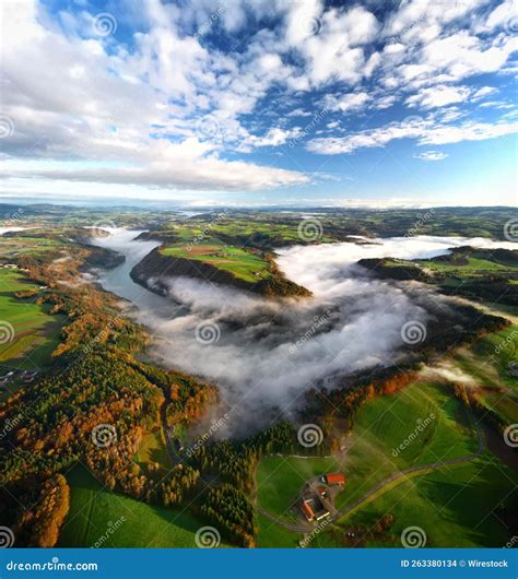 Vertical Shot of the Danube Curve at Sunrise with Morning Fog Stock ...