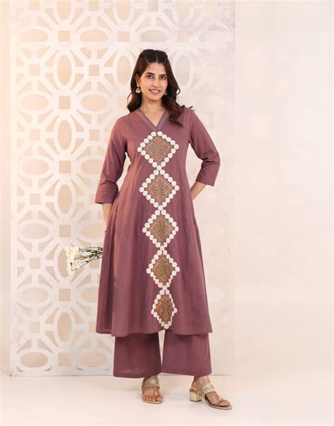 Cotton Slub A-line Embroidered Pant Set With Pockets in Earthy Purple ...