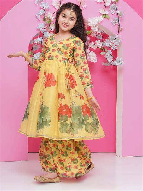 Bitiya by Bhama Girls Yellow Floral Printed Angrakha Kurta with Sharar