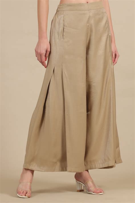 Buy Gold Solid Flared Rayon Palazzo With Pleated Detail Online for ...
