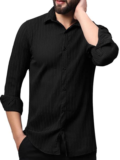 FILO HEVIS Men's Self Striped Slim Fit Full Sleeves Casual Shirt Black ...