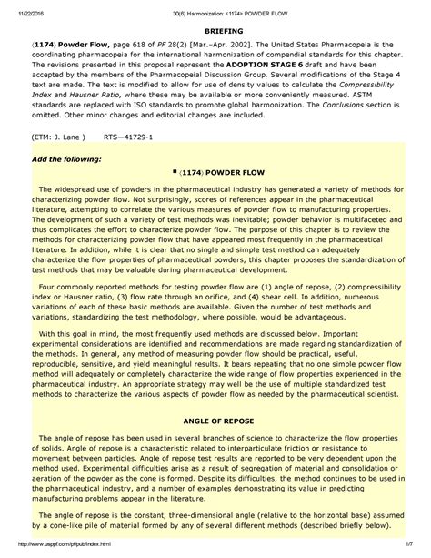 Compressibility Index - BRIEFING 1174 Powder Flow, page 618 of PF 28(2) [Mar.–Apr. 2002]. The ...