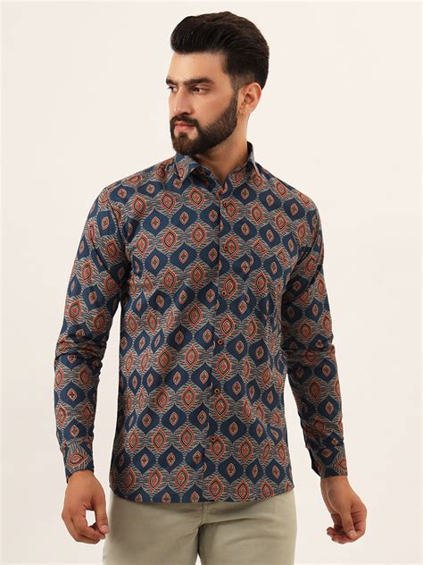 MILLENNIAL MEN Blue Printed Pure Cotton Regular Fit Casual Shirt ...