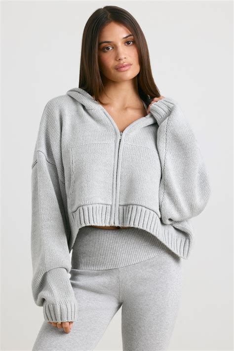 True Cropped Zip Up Chunky Knit Hoodie in Heather Grey | Oh Polly
