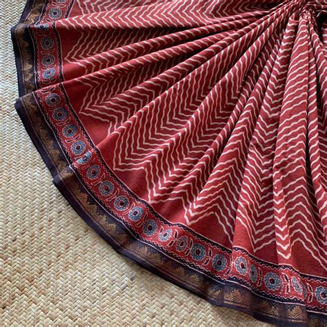 Ajrak Hand Block Print On Madurai Cotton saree – villvam