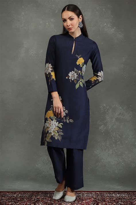 Rohit Bal Indigo Silk Chanderi Floral Printed Straight Kurta Set at ...