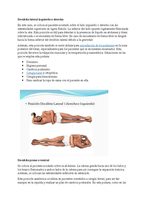 Posiciones Anatomicas - Decúbito lateral izquierdo o derecho En este ...