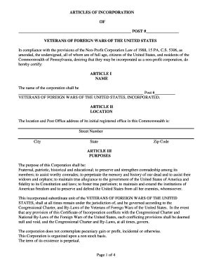 Fillable Online ARTICLES OF INCORPORATION - VFW PA HQ Fax Email Print ...