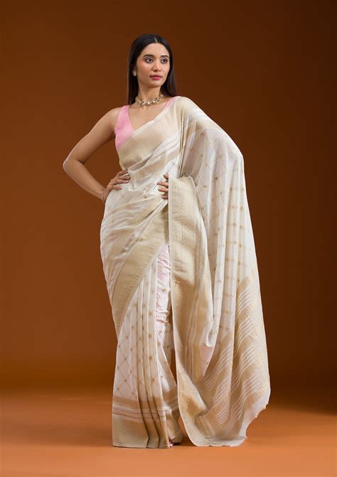 Buy Cream Zariwork Georgette Saree - Koskii