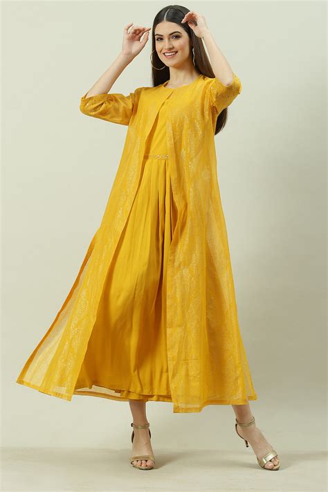 Buy Mustard Art Silk Flared with Cape Dress Online at Biba India