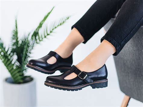 Women Mary Janes T-strap Black Leather Shoes, Flat T Strap Mary Jane ...