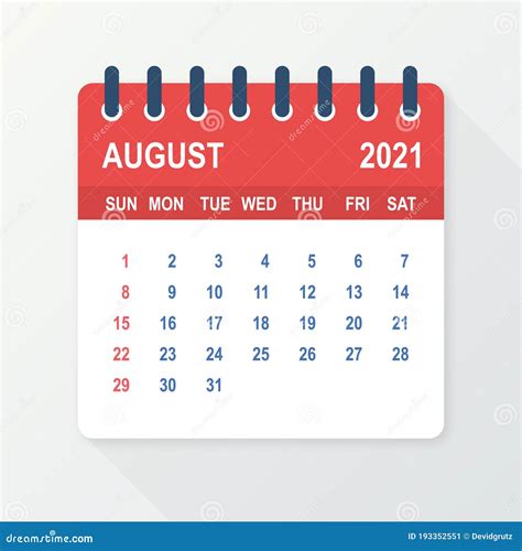 August 2021 Calendar Leaf. Calendar 2021 in Flat Style. Vector Illustration. Stock Vector ...