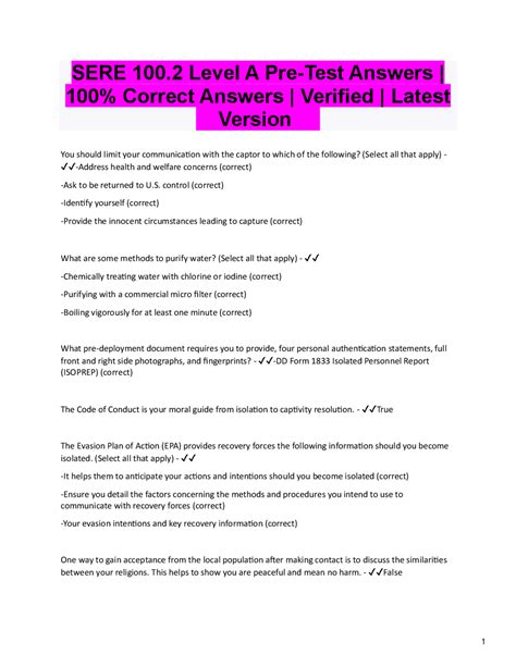 SERE 100.2 Level A Pre-Test Answers | 100% Correct Answers | Verified ...