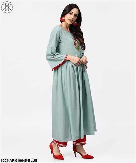 Women Blue Three-Quarter Sleeves Round Neck A-Line Pure Cotton Kurta A ...
