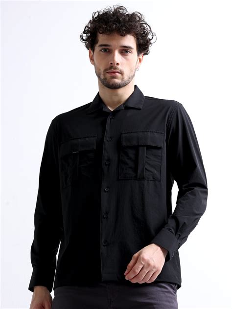 Buy Black Men's Cuban Collar Cargo Double Pocket Plain Shirt