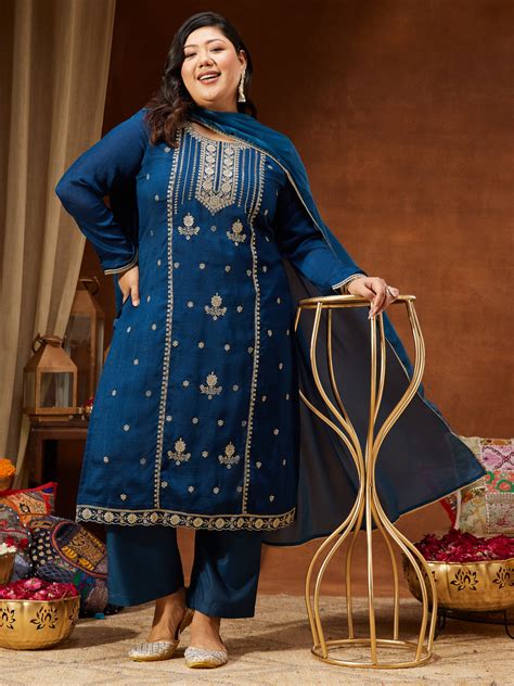 Janasya Women's Plus Size Teal Blue Silk Blend Zari Embroidered Straig