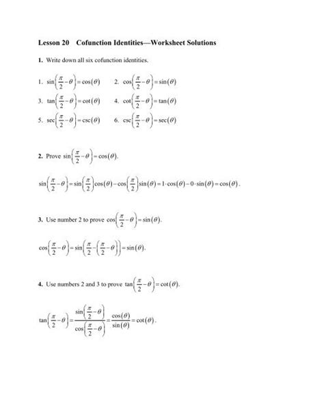 Lesson 20 Cofunction Identities—Worksheet Solutions