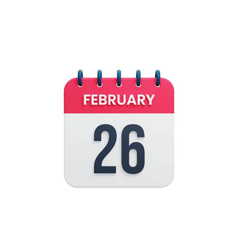 February Realistic Calendar Icon 3D Illustration Date February 26 ...