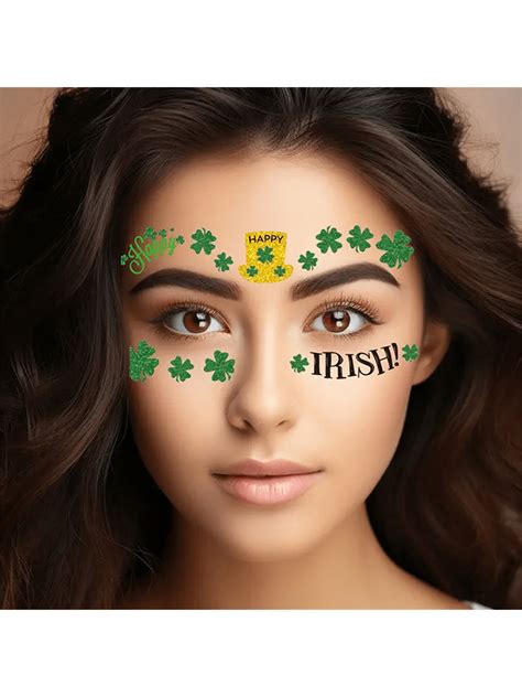 10pcs 3-4 Leaf Clover Face Tattoo Stickers, Irish Painted Green Hat ...
