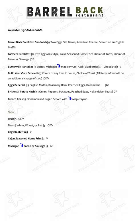 Menu at Barrel Back Restaurant, Walloon Lake