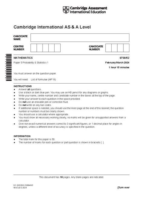 Mathematics 9709/52 Probability & Statistics Paper, Oct/Nov 2021 - Studocu