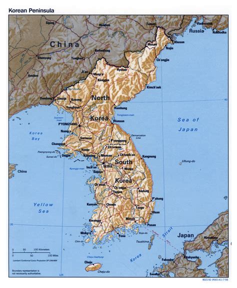 Large detailed political map of Korean Peninsula with relief, roads ...
