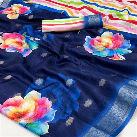 Blue Floral Digital Printed Dola Silk Saree With Woven Border