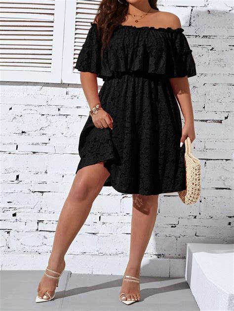 Breezaya Plus Off Shoulder Ruffle Trim Lace Dress | SHEIN USA