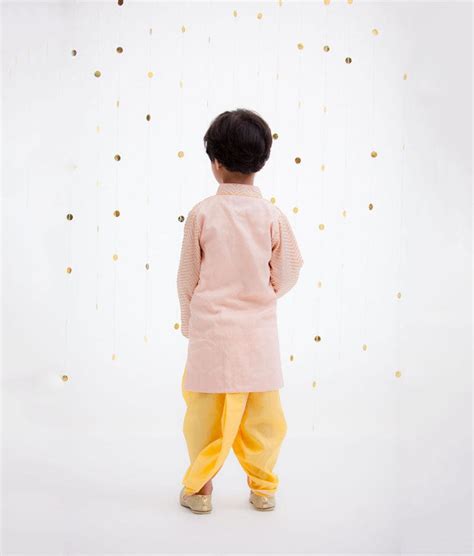 Peach Zig Zag Gota Kurta with Yellow Dhoti for Boys – FayonKids