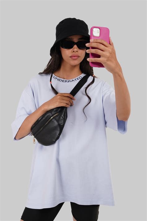 Shop Powder Blue Neck Logo Print Oversized T-Shirt For Women