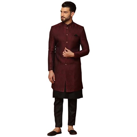 Buy KISAH Men's Maroon and Black Indo-Western Kurta Sherwani Trousers ...