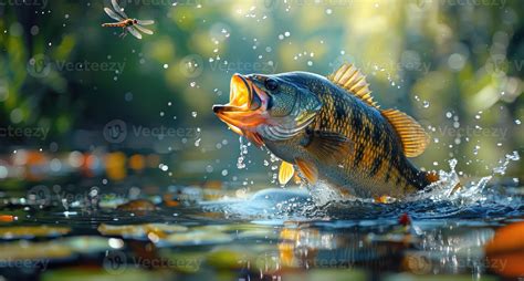 a largemouth fish is jumping out of the water eat dragonfly 47205851 Stock Photo at Vecteezy