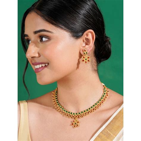 Buy Teejh Vyoma Red and Green Ruby Gold Necklace & Earrings Set Online
