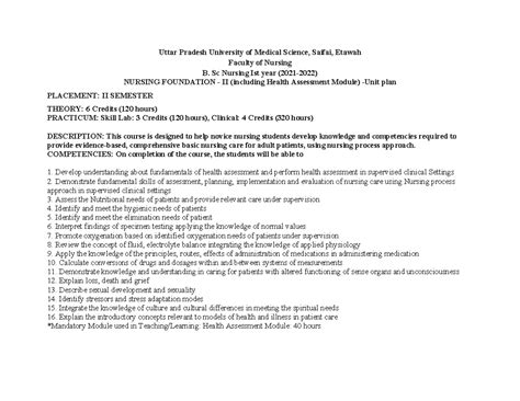 Unit Plan for Nursing Foundation II (FON) Sem II - Comprehensive ...
