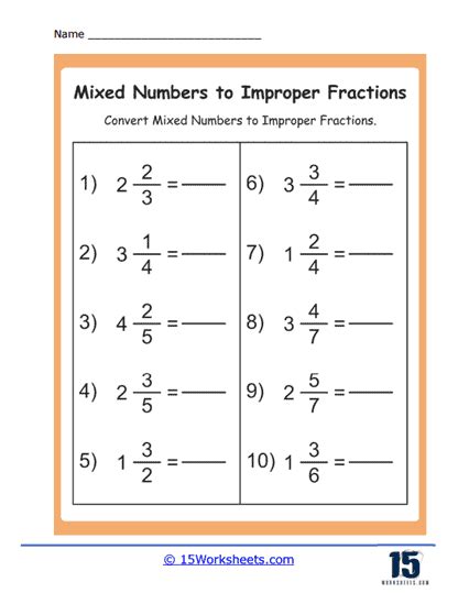 Image result for Mixed Number into Improper Fraction Worksheet