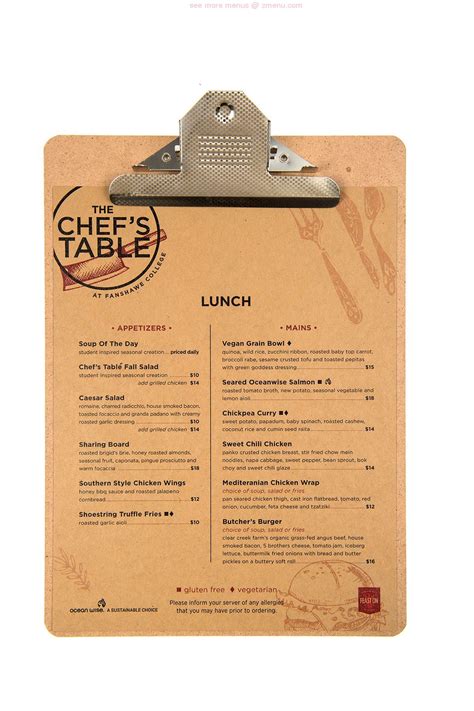 Menu at The Chef's Table cafe, London