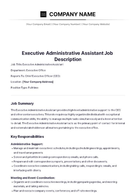 Free Executive Administrative Assistant Job Description Template to ...