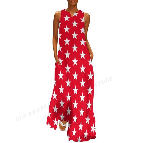 2025 Usa Flag Dress Sleeveless Casual V-Neck Long Dresses Party Evening ...