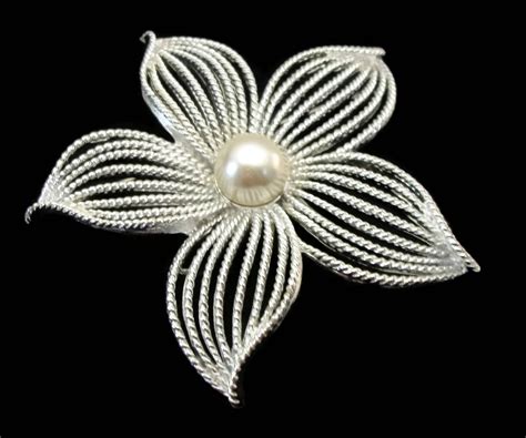 1960s Sarah Coventry Silver Flower Brooch 1967 "Moonflower" Faux Pearl ...