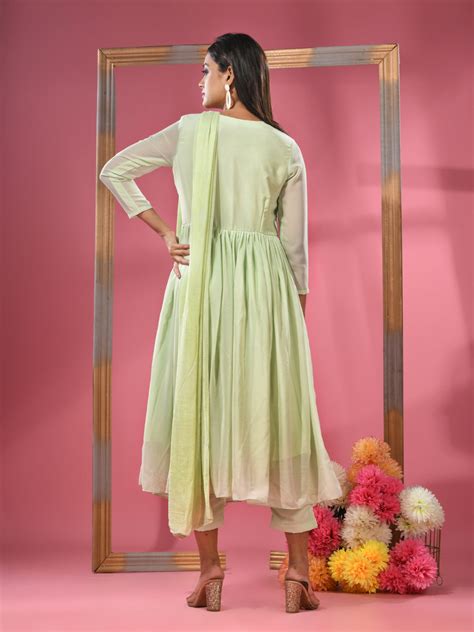 Tea Green Embellished Gathered Georgette Suit Set With Dupatta – Charukriti