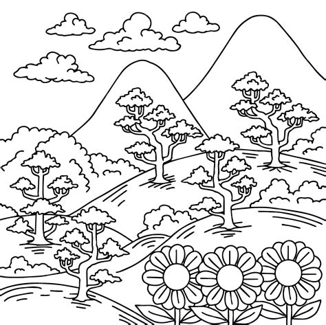 Premium Vector | Print design nature landscape outline coloring page
