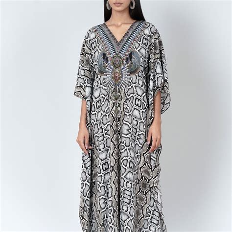 Beige Animal Print Embellished Silk Full Length Kaftan – First Resort ...