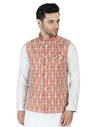 Buy Exotic India terra cotta Art silk nehru Jacket waist coat with ...