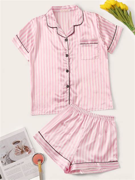 Striped Piping Trim Satin PJ Set | Pajama set, Satin pj set, Ladies ...